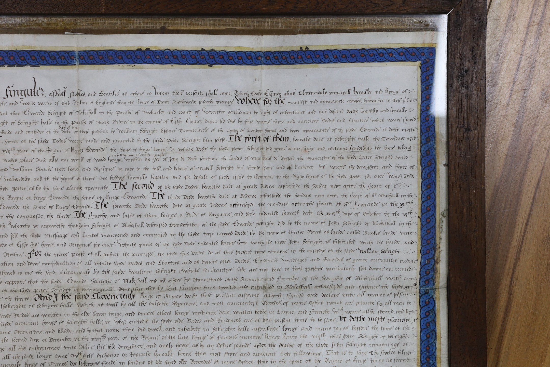 Two documents relating to a grant of arms to Edward Sebright of Blakeshall in Wolverley, Worcestershire, gentleman, April 1580